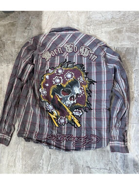 Ed Hardy Shirt Mens Gray Red Plaid Skull Born To Sin Christian Audigier Sz XL